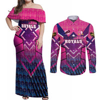 Personalised Barbados Cricket Royals Couples Matching Off Shoulder Maxi Dress and Long Sleeve Button Shirt Crowned in Rhythm Style