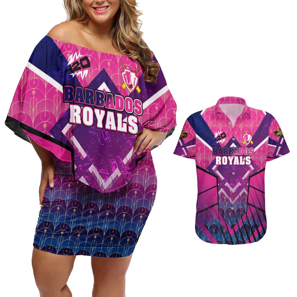 Personalised Barbados Cricket Royals Couples Matching Off Shoulder Short Dress and Hawaiian Shirt Crowned in Rhythm Style
