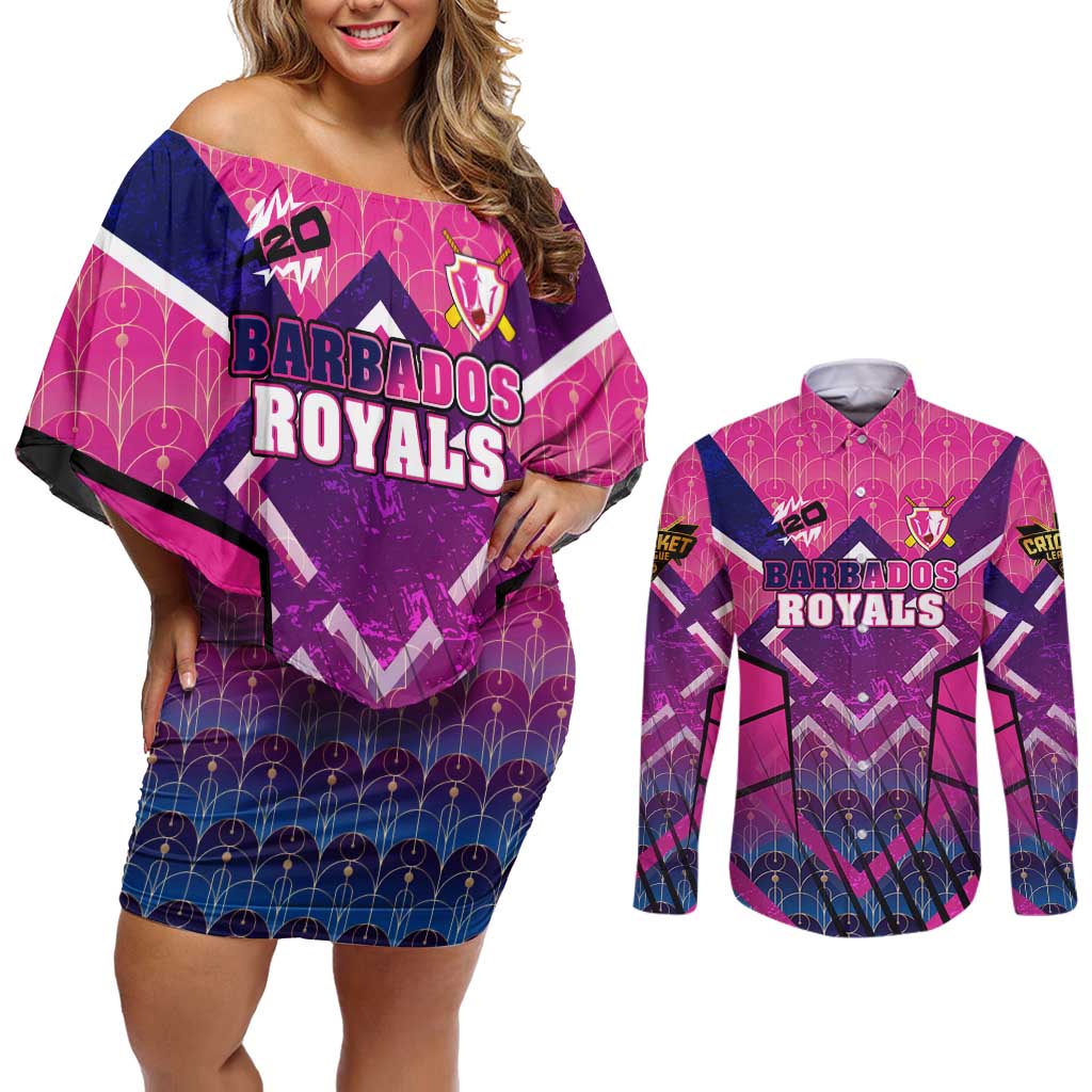 Personalised Barbados Cricket Royals Couples Matching Off Shoulder Short Dress and Long Sleeve Button Shirt Crowned in Rhythm Style