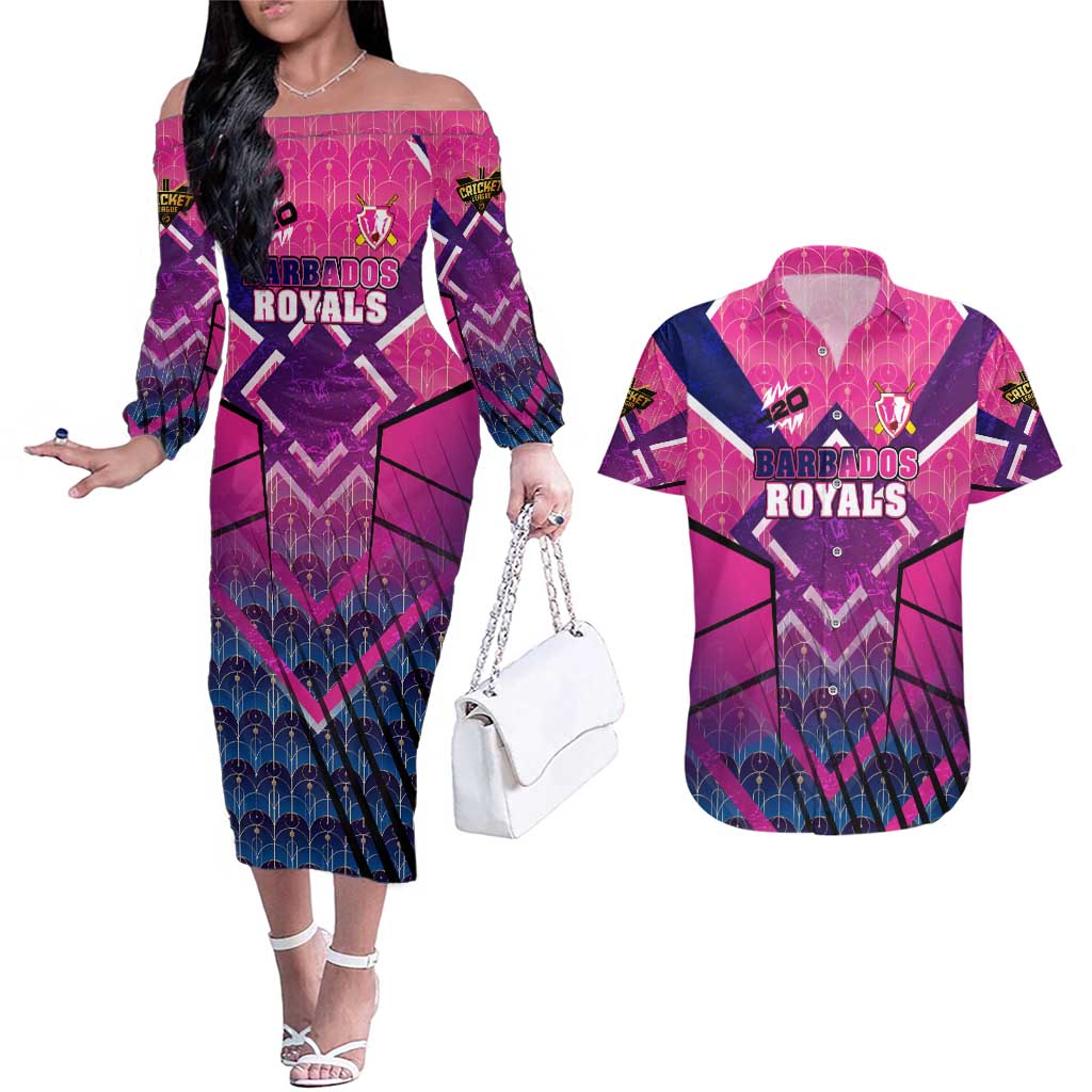 Personalised Barbados Cricket Royals Couples Matching Off The Shoulder Long Sleeve Dress and Hawaiian Shirt Crowned in Rhythm Style