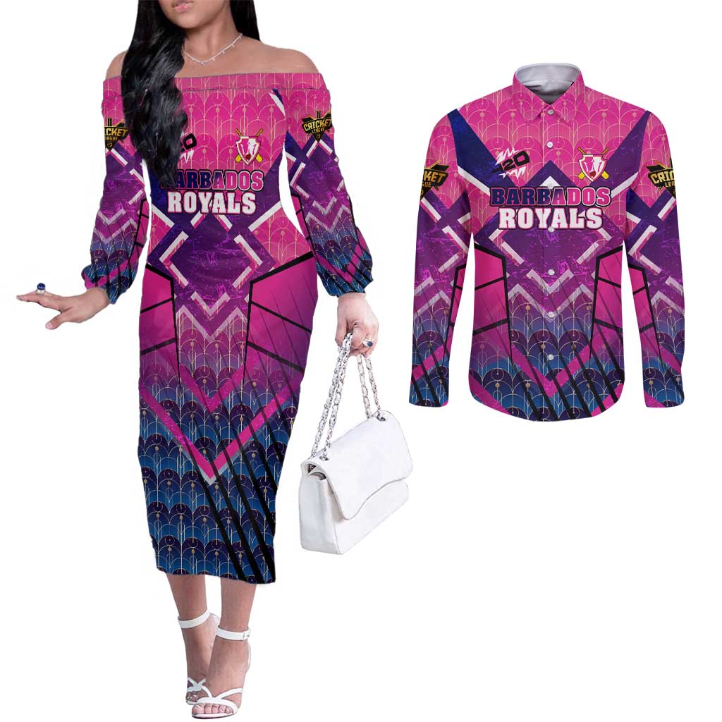 Personalised Barbados Cricket Royals Couples Matching Off The Shoulder Long Sleeve Dress and Long Sleeve Button Shirt Crowned in Rhythm Style