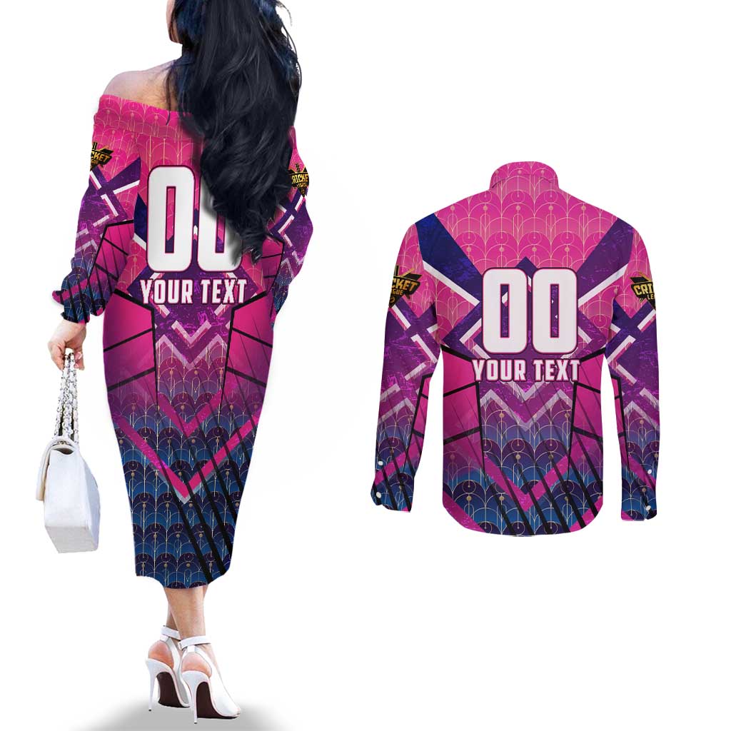 Personalised Barbados Cricket Royals Couples Matching Off The Shoulder Long Sleeve Dress and Long Sleeve Button Shirt Crowned in Rhythm Style
