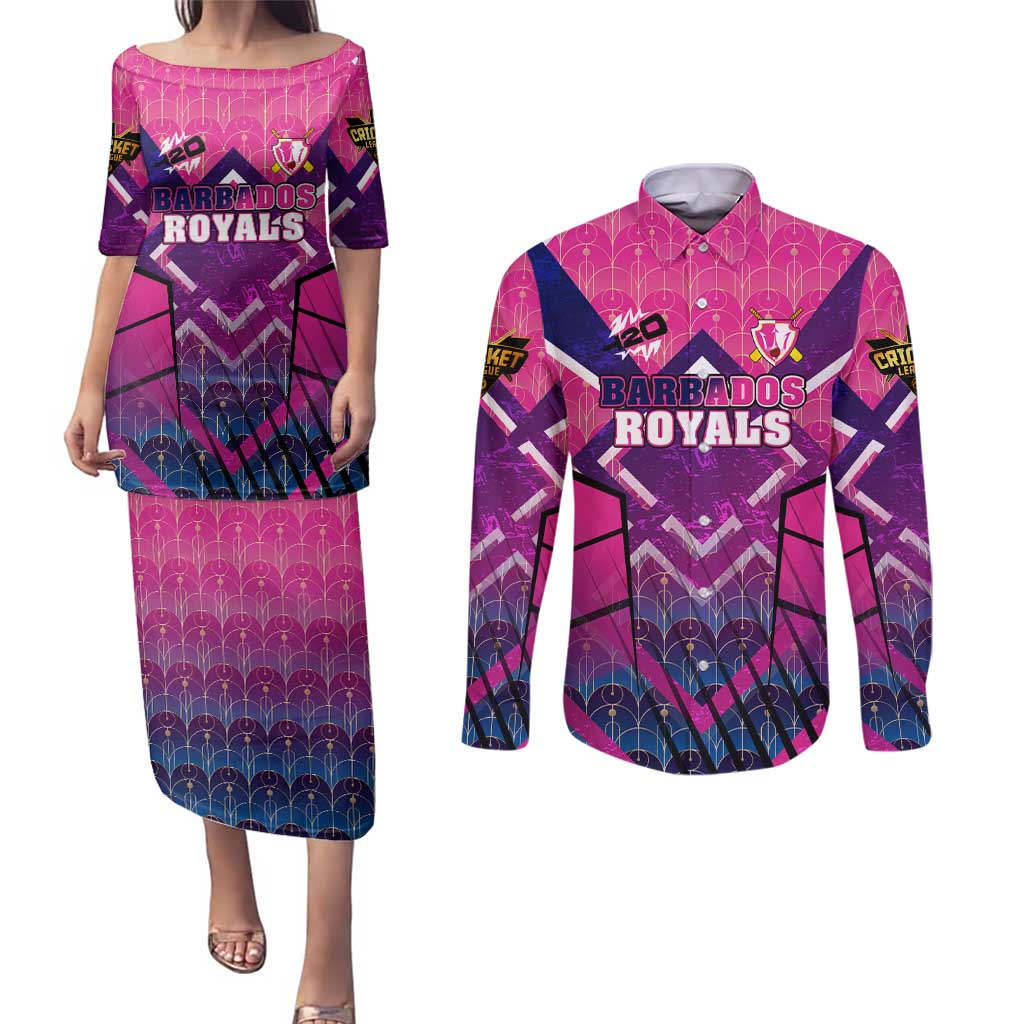 Personalised Barbados Cricket Royals Couples Matching Puletasi and Long Sleeve Button Shirt Crowned in Rhythm Style