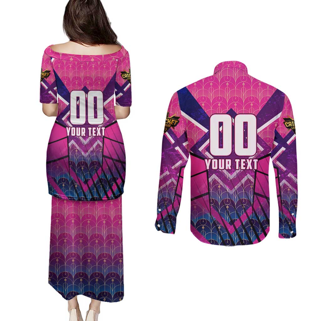 Personalised Barbados Cricket Royals Couples Matching Puletasi and Long Sleeve Button Shirt Crowned in Rhythm Style