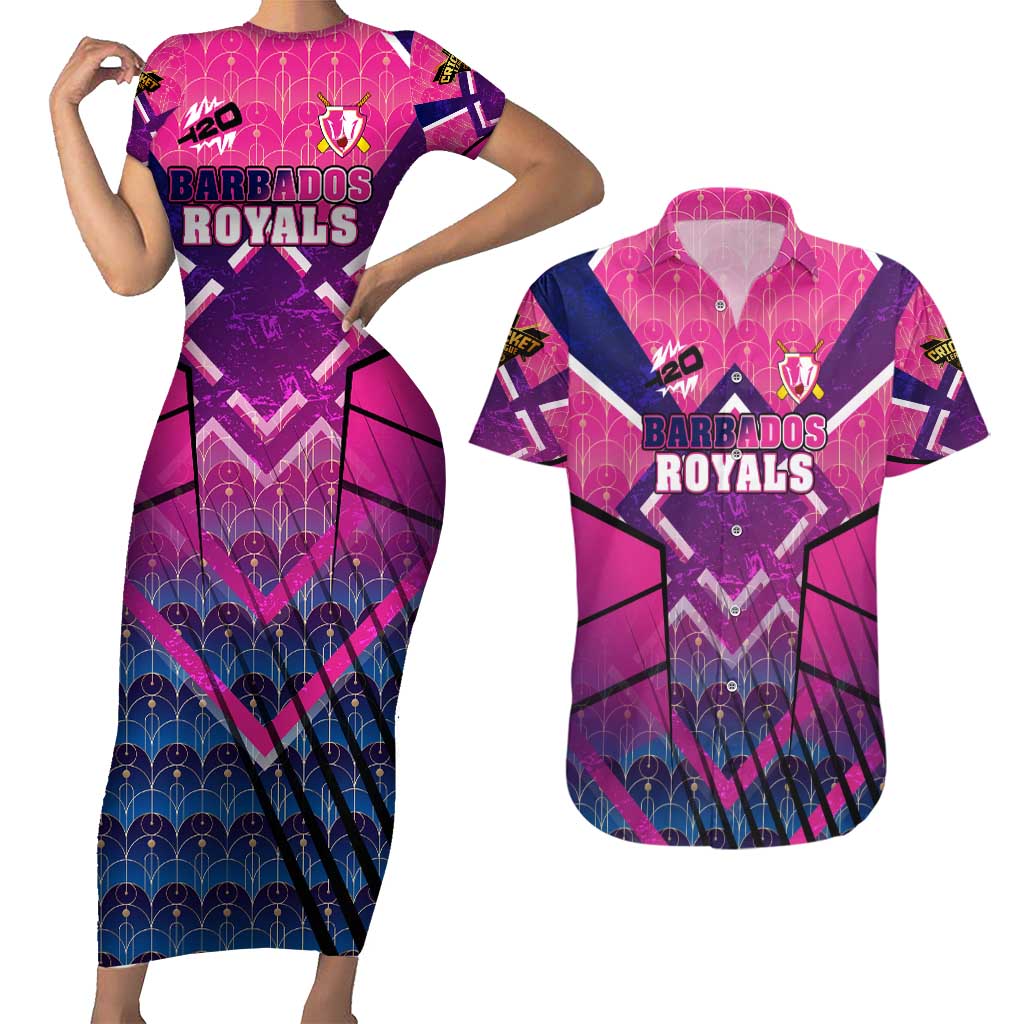 Personalised Barbados Cricket Royals Couples Matching Short Sleeve Bodycon Dress and Hawaiian Shirt Crowned in Rhythm Style