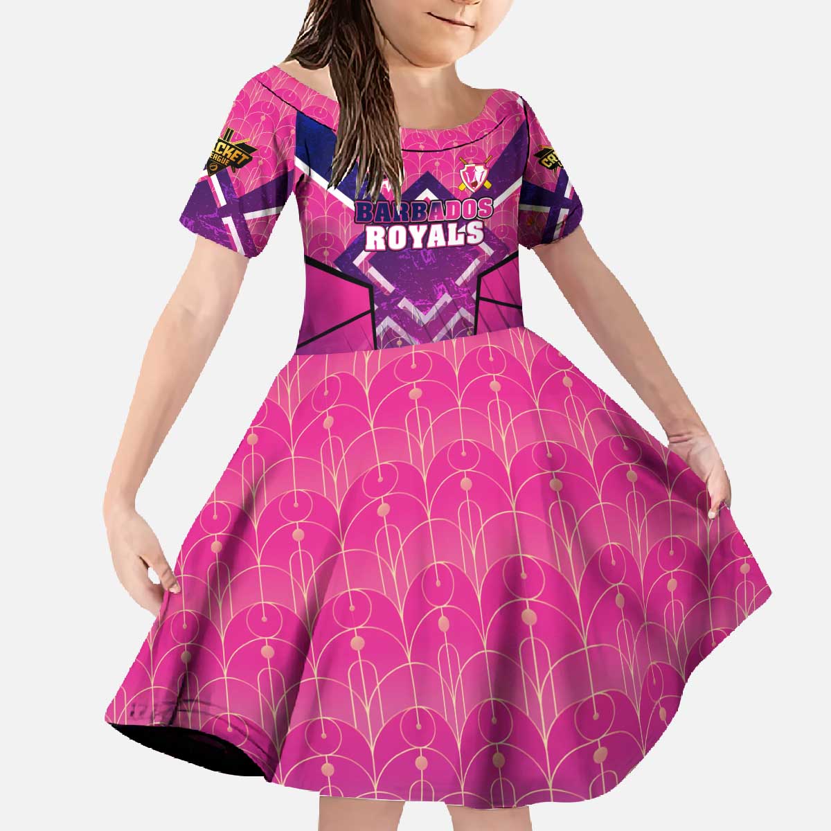 Personalised Barbados Cricket Royals Family Matching Off The Shoulder Long Sleeve Dress and Hawaiian Shirt Crowned in Rhythm Style