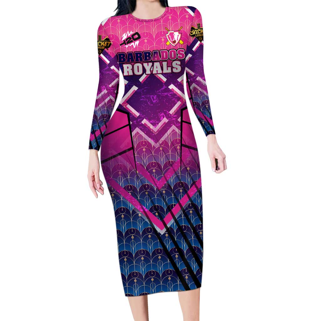 Personalised Barbados Cricket Royals Long Sleeve Bodycon Dress Crowned in Rhythm Style