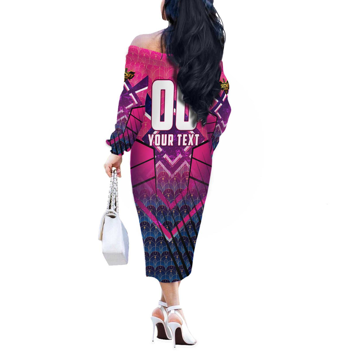Personalised Barbados Cricket Royals Off The Shoulder Long Sleeve Dress Crowned in Rhythm Style