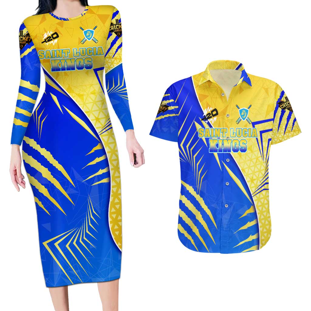 Personalised Saint Lucia Cricket Kings Couples Matching Long Sleeve Bodycon Dress and Hawaiian Shirt Abstract Energy Style