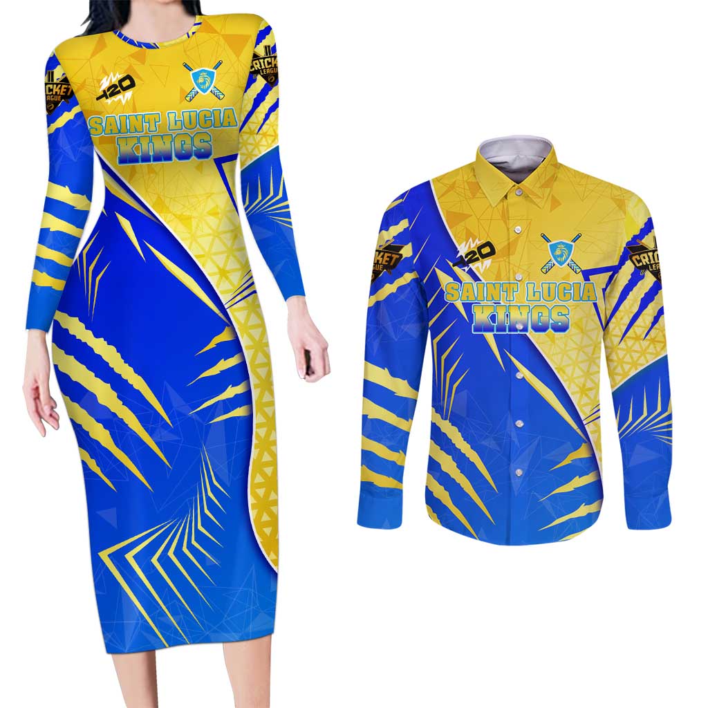 Personalised Saint Lucia Cricket Kings Couples Matching Long Sleeve Bodycon Dress and Long Sleeve Button Shirt Abstract Energy Style