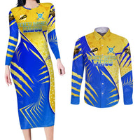 Personalised Saint Lucia Cricket Kings Couples Matching Long Sleeve Bodycon Dress and Long Sleeve Button Shirt Abstract Energy Style