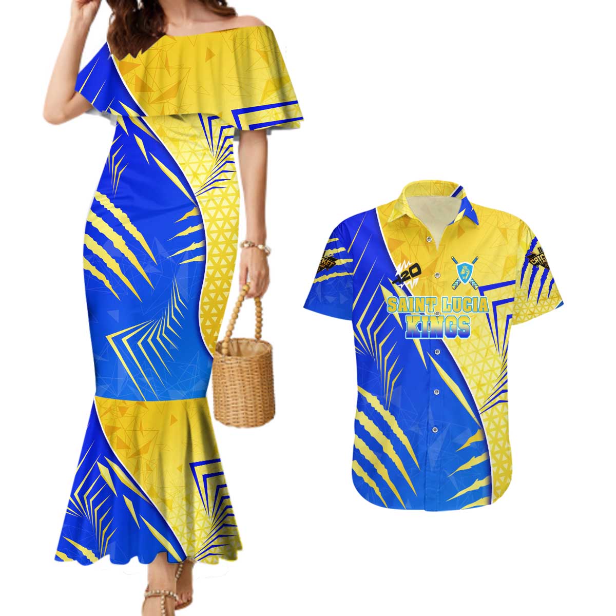 Personalised Saint Lucia Cricket Kings Couples Matching Mermaid Dress and Hawaiian Shirt Abstract Energy Style
