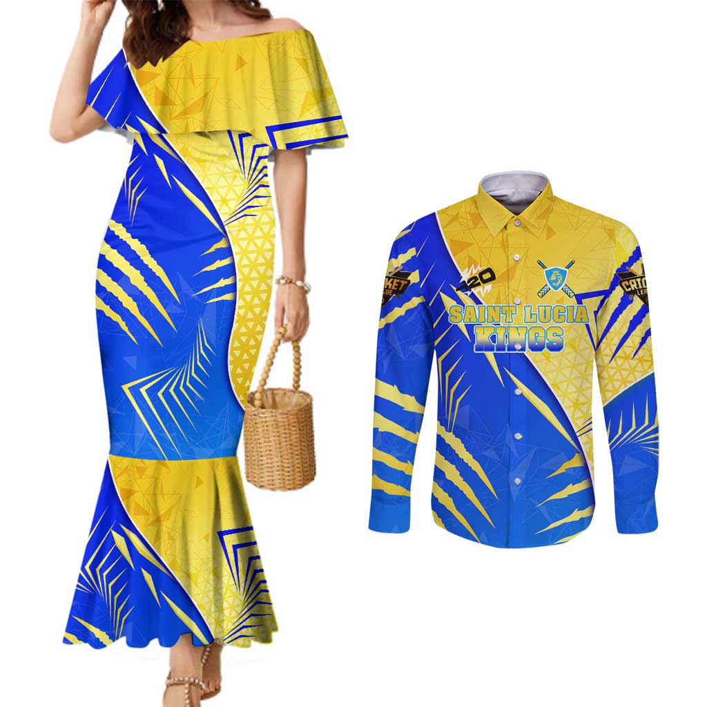 Personalised Saint Lucia Cricket Kings Couples Matching Mermaid Dress and Long Sleeve Button Shirt Abstract Energy Style