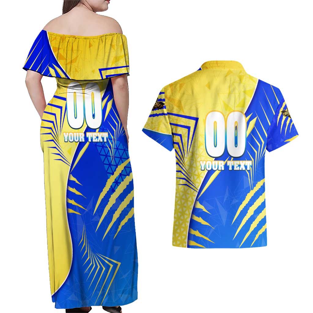 Personalised Saint Lucia Cricket Kings Couples Matching Off Shoulder Maxi Dress and Hawaiian Shirt Abstract Energy Style