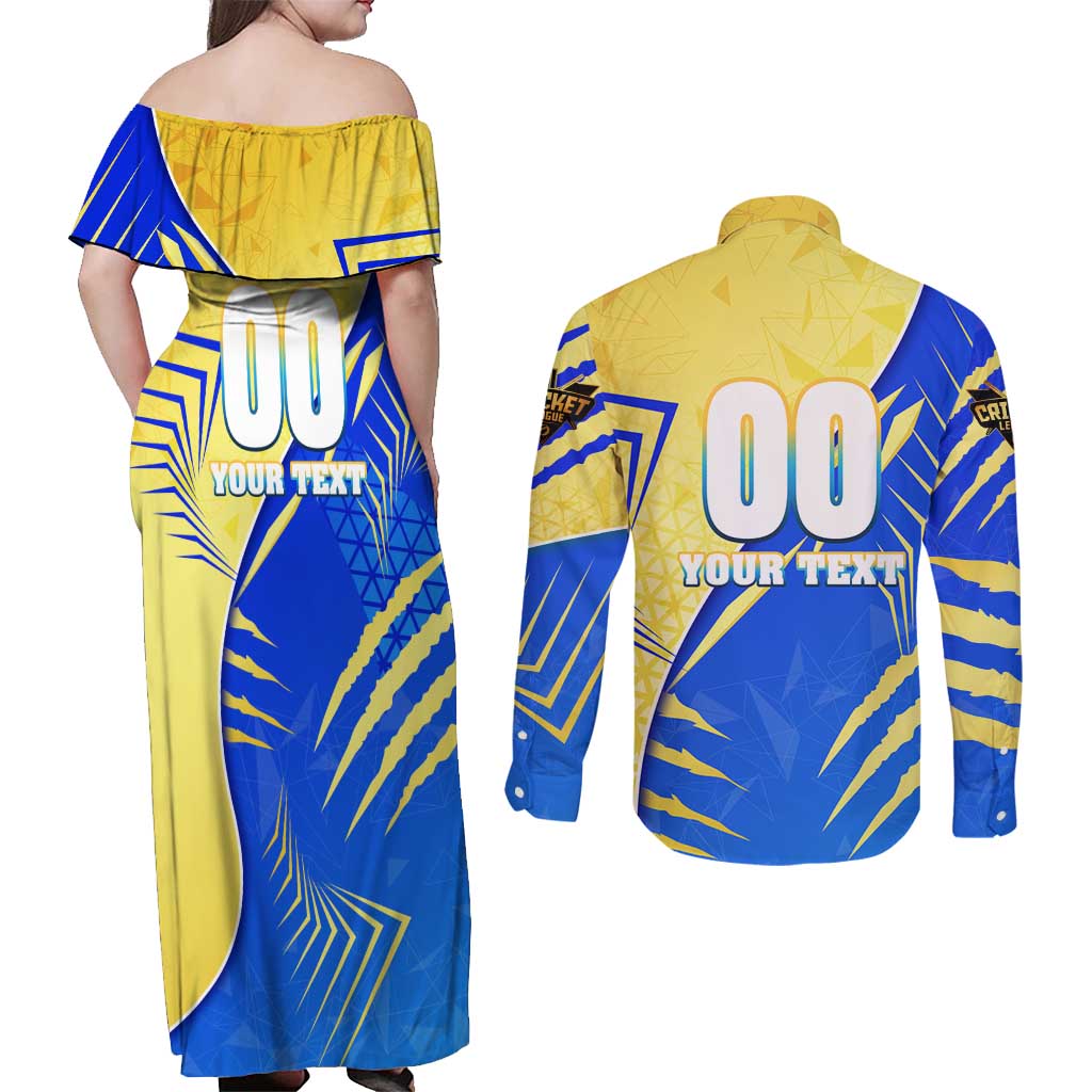 Personalised Saint Lucia Cricket Kings Couples Matching Off Shoulder Maxi Dress and Long Sleeve Button Shirt Abstract Energy Style