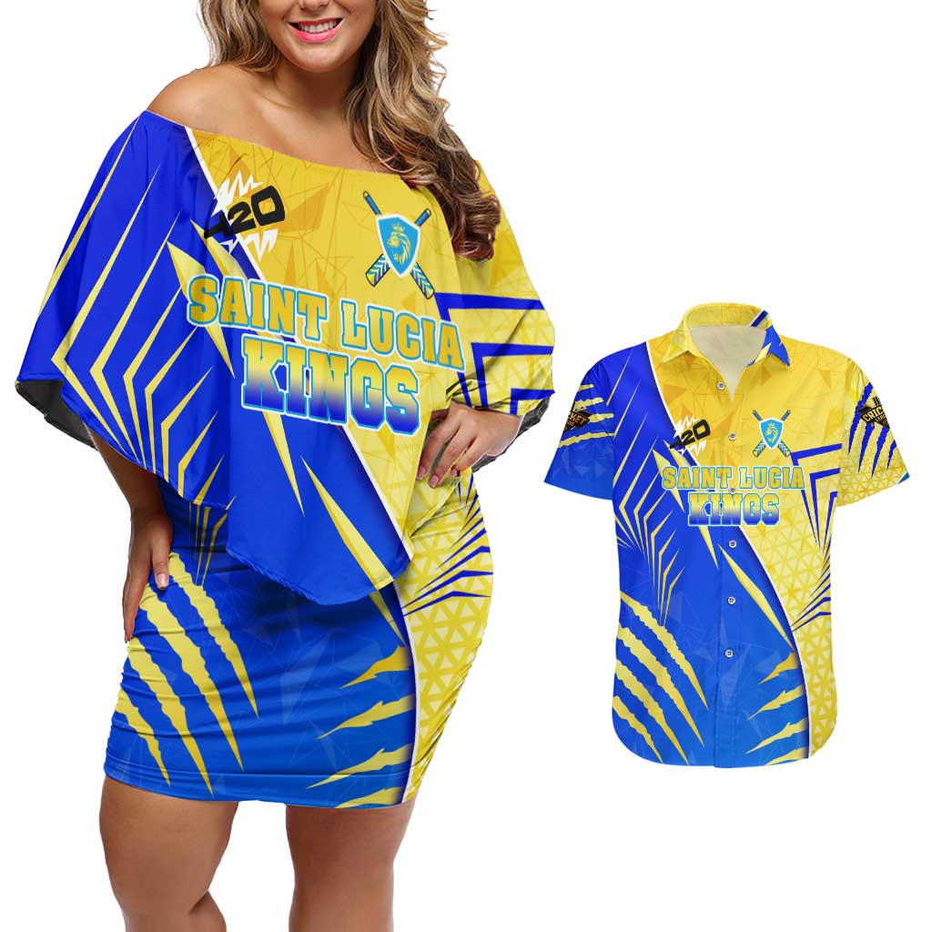 Personalised Saint Lucia Cricket Kings Couples Matching Off Shoulder Short Dress and Hawaiian Shirt Abstract Energy Style