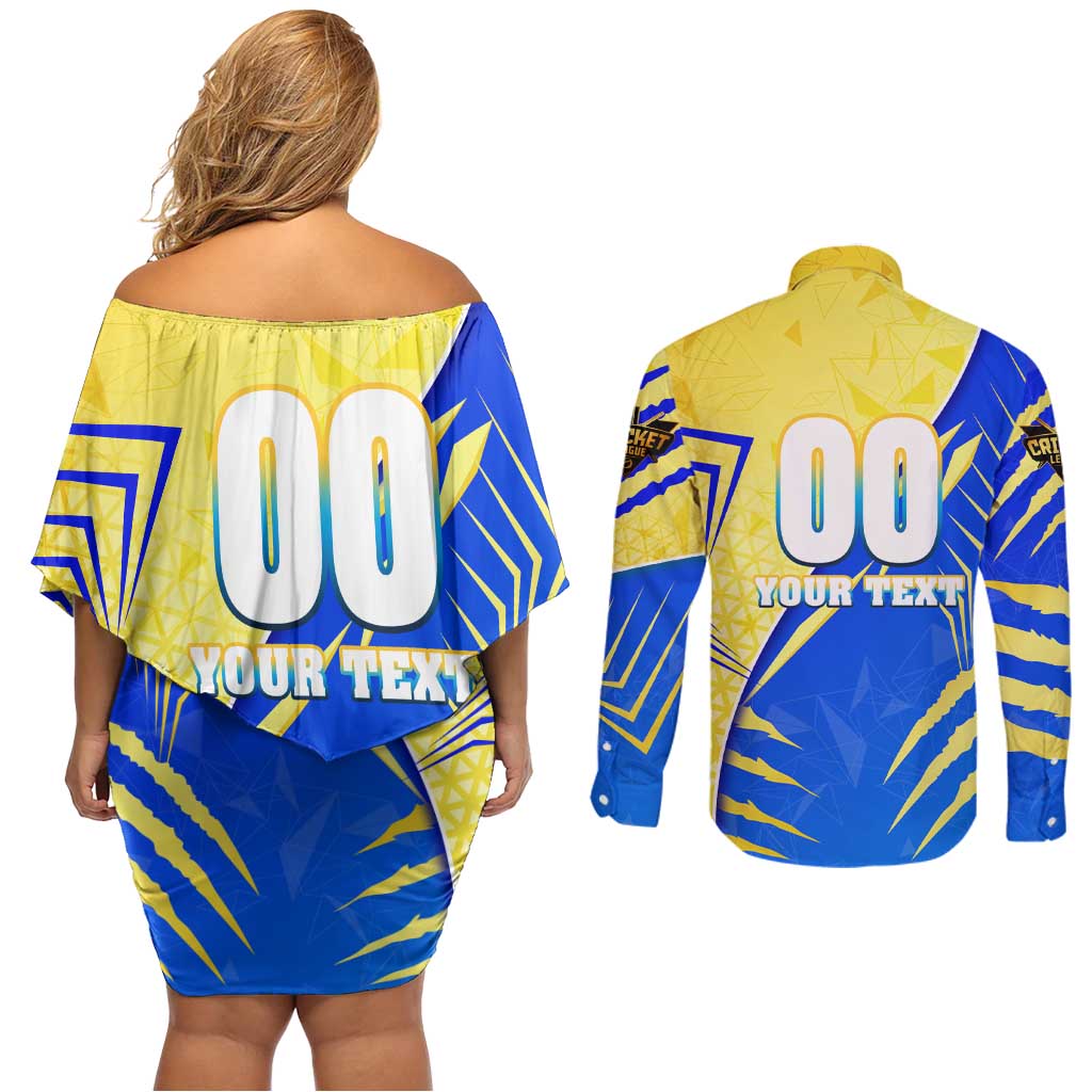Personalised Saint Lucia Cricket Kings Couples Matching Off Shoulder Short Dress and Long Sleeve Button Shirt Abstract Energy Style