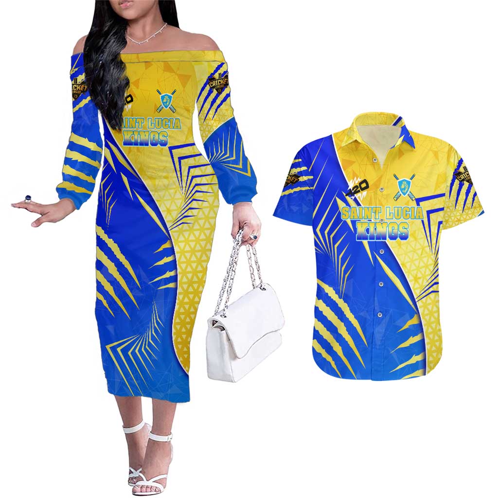 Personalised Saint Lucia Cricket Kings Couples Matching Off The Shoulder Long Sleeve Dress and Hawaiian Shirt Abstract Energy Style