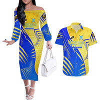 Personalised Saint Lucia Cricket Kings Couples Matching Off The Shoulder Long Sleeve Dress and Hawaiian Shirt Abstract Energy Style