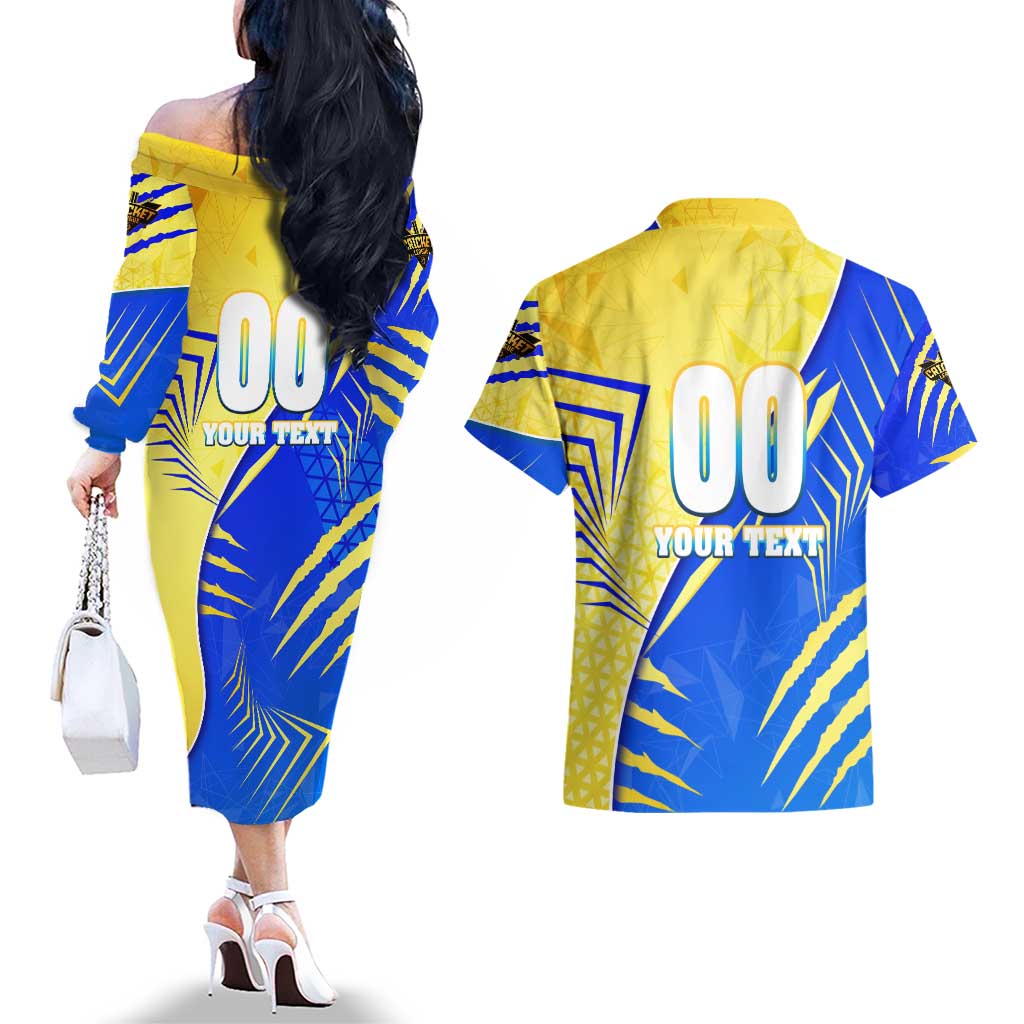 Personalised Saint Lucia Cricket Kings Couples Matching Off The Shoulder Long Sleeve Dress and Hawaiian Shirt Abstract Energy Style