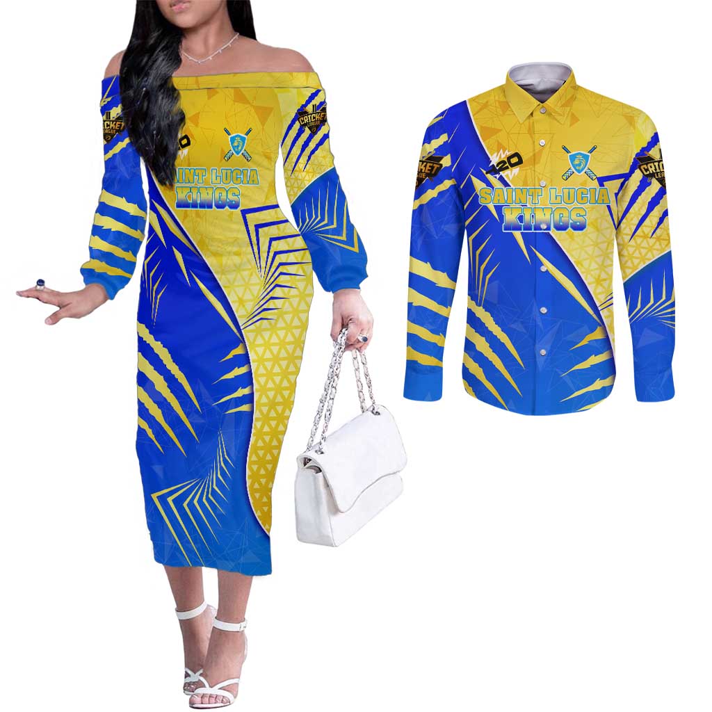 Personalised Saint Lucia Cricket Kings Couples Matching Off The Shoulder Long Sleeve Dress and Long Sleeve Button Shirt Abstract Energy Style