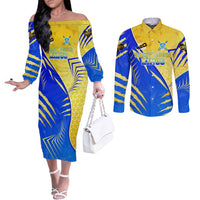 Personalised Saint Lucia Cricket Kings Couples Matching Off The Shoulder Long Sleeve Dress and Long Sleeve Button Shirt Abstract Energy Style