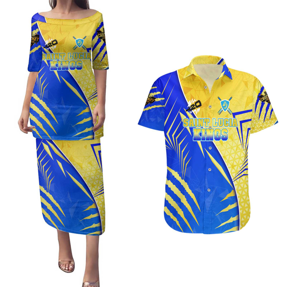 Personalised Saint Lucia Cricket Kings Couples Matching Puletasi and Hawaiian Shirt Abstract Energy Style
