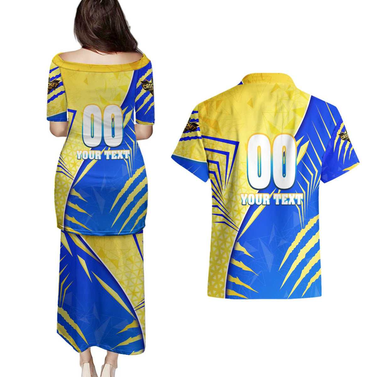 Personalised Saint Lucia Cricket Kings Couples Matching Puletasi and Hawaiian Shirt Abstract Energy Style