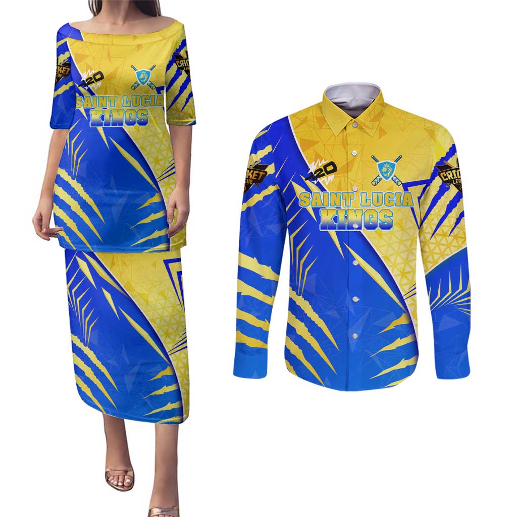 Personalised Saint Lucia Cricket Kings Couples Matching Puletasi and Long Sleeve Button Shirt Abstract Energy Style