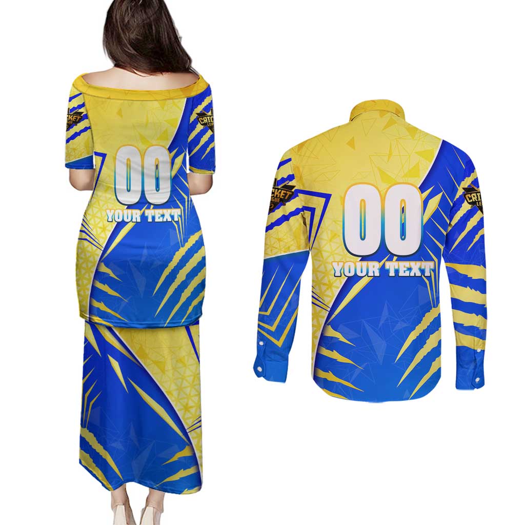 Personalised Saint Lucia Cricket Kings Couples Matching Puletasi and Long Sleeve Button Shirt Abstract Energy Style