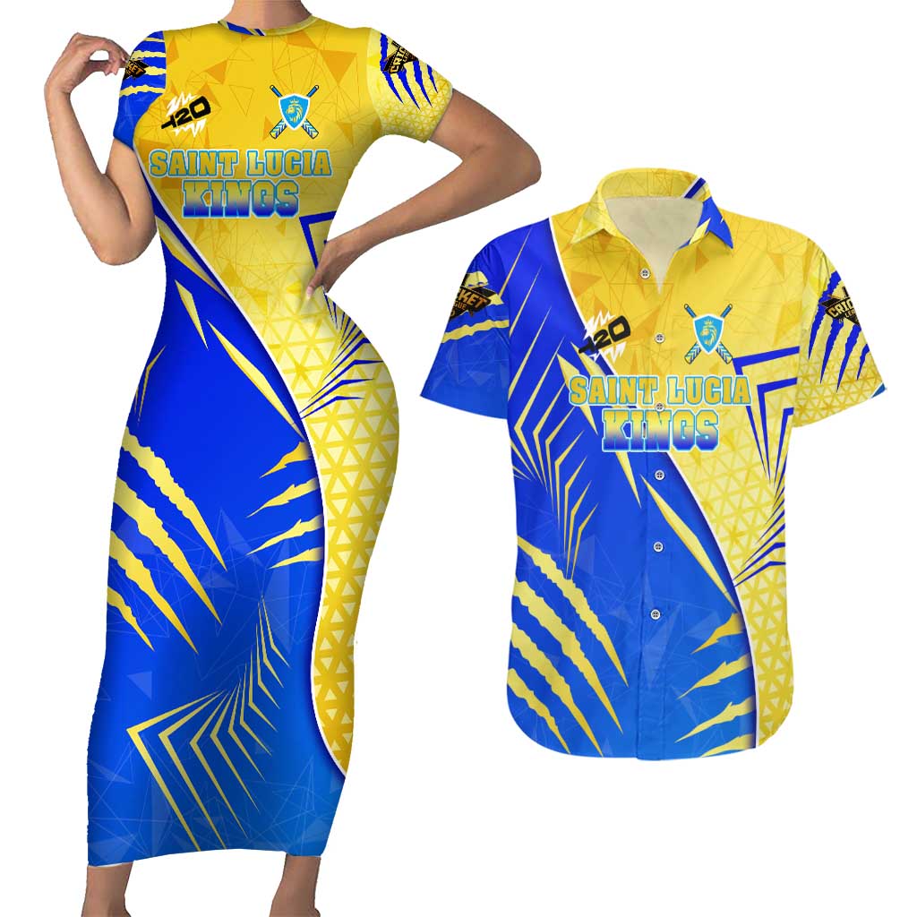 Personalised Saint Lucia Cricket Kings Couples Matching Short Sleeve Bodycon Dress and Hawaiian Shirt Abstract Energy Style