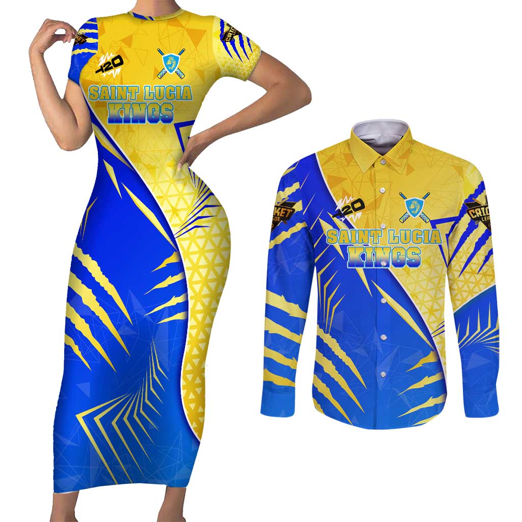 Personalised Saint Lucia Cricket Kings Couples Matching Short Sleeve Bodycon Dress and Long Sleeve Button Shirt Abstract Energy Style