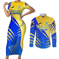 Personalised Saint Lucia Cricket Kings Couples Matching Short Sleeve Bodycon Dress and Long Sleeve Button Shirt Abstract Energy Style