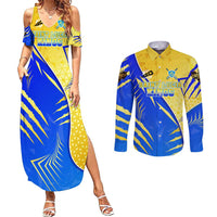 Personalised Saint Lucia Cricket Kings Couples Matching Summer Maxi Dress and Long Sleeve Button Shirt Abstract Energy Style