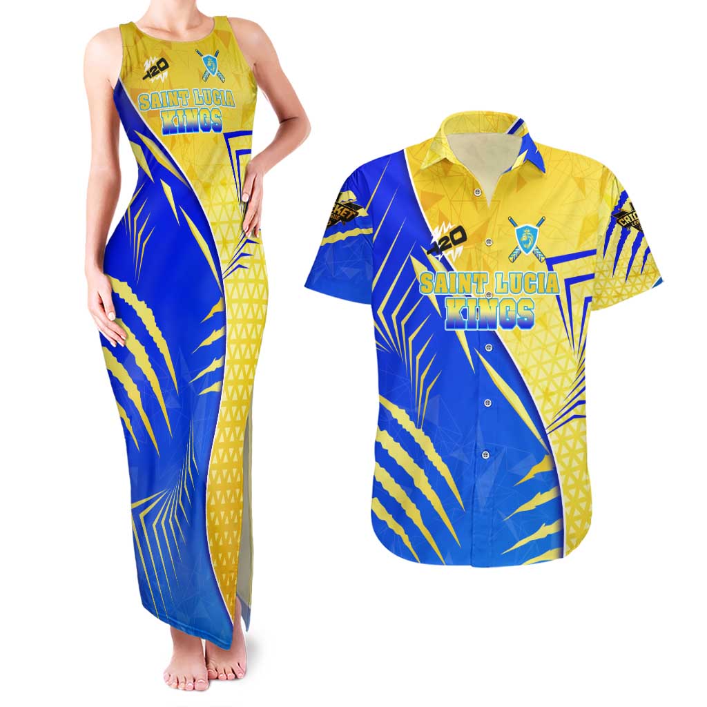Personalised Saint Lucia Cricket Kings Couples Matching Tank Maxi Dress and Hawaiian Shirt Abstract Energy Style