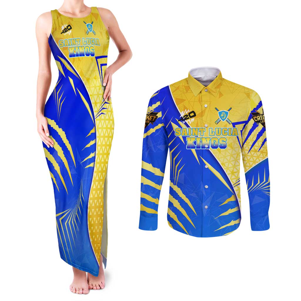 Personalised Saint Lucia Cricket Kings Couples Matching Tank Maxi Dress and Long Sleeve Button Shirt Abstract Energy Style