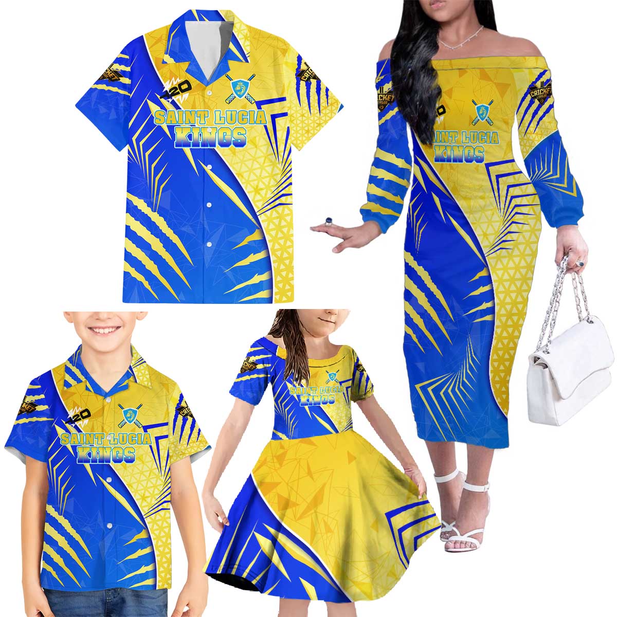 Personalised Saint Lucia Cricket Kings Family Matching Off The Shoulder Long Sleeve Dress and Hawaiian Shirt Abstract Energy Style