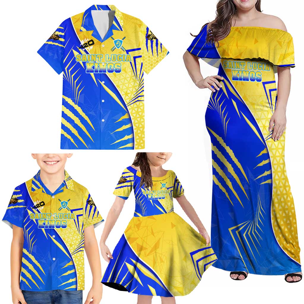 Personalised Saint Lucia Cricket Kings Family Matching Off Shoulder Maxi Dress and Hawaiian Shirt Abstract Energy Style