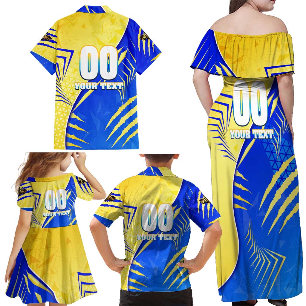 Personalised Saint Lucia Cricket Kings Family Matching Off Shoulder Maxi Dress and Hawaiian Shirt Abstract Energy Style