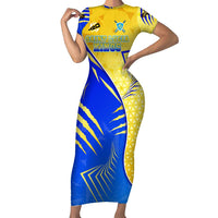 Personalised Saint Lucia Cricket Kings Family Matching Short Sleeve Bodycon Dress and Hawaiian Shirt Abstract Energy Style