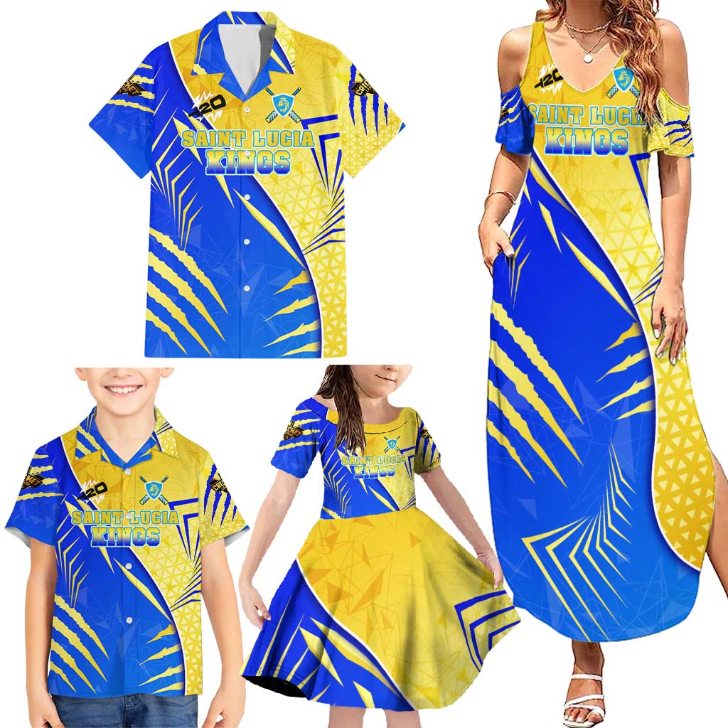 Personalised Saint Lucia Cricket Kings Family Matching Summer Maxi Dress and Hawaiian Shirt Abstract Energy Style