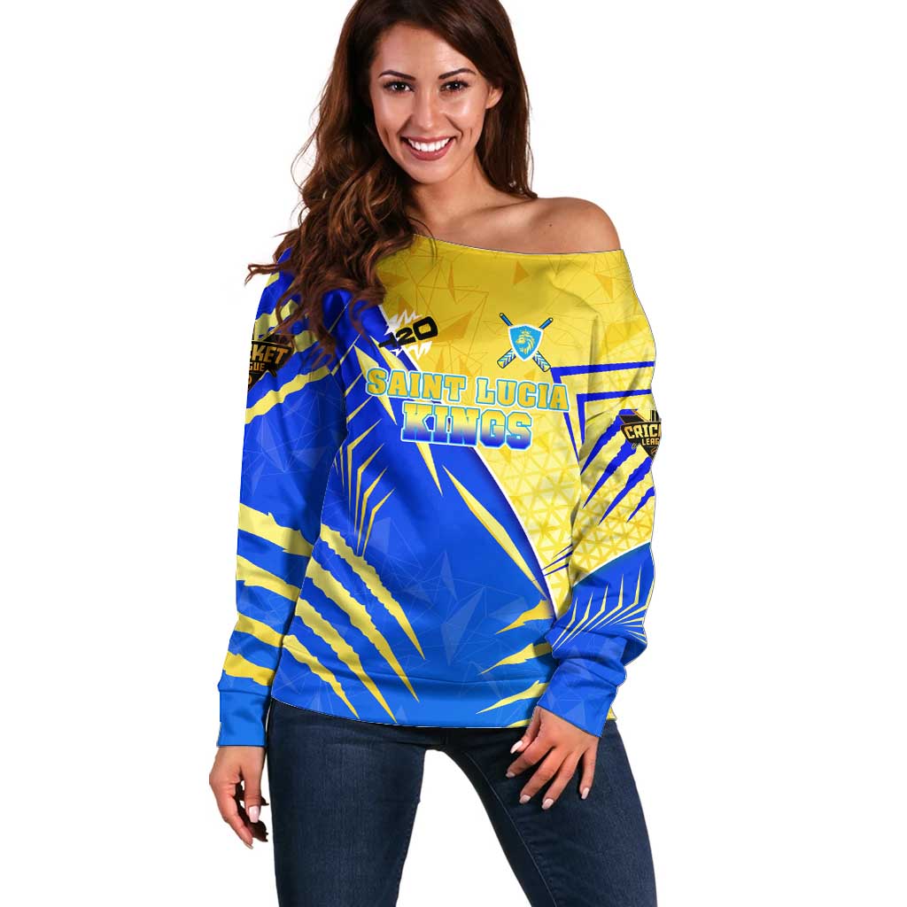 Personalised Saint Lucia Cricket Kings Off Shoulder Sweater Abstract Energy Style