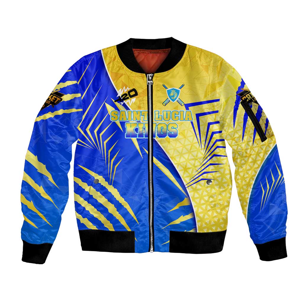 Personalised Saint Lucia Cricket Kings Sleeve Zip Bomber Jacket Abstract Energy Style