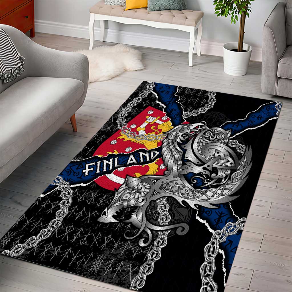 Finland Vikings Area Rug Nordic Lion Bound in Runes and Chains