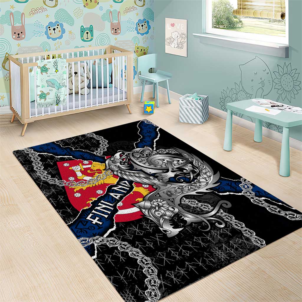 Finland Vikings Area Rug Nordic Lion Bound in Runes and Chains