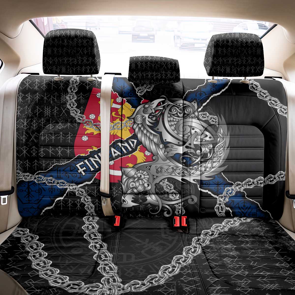 Finland Vikings Back Car Seat Cover Nordic Lion Bound in Runes and Chains