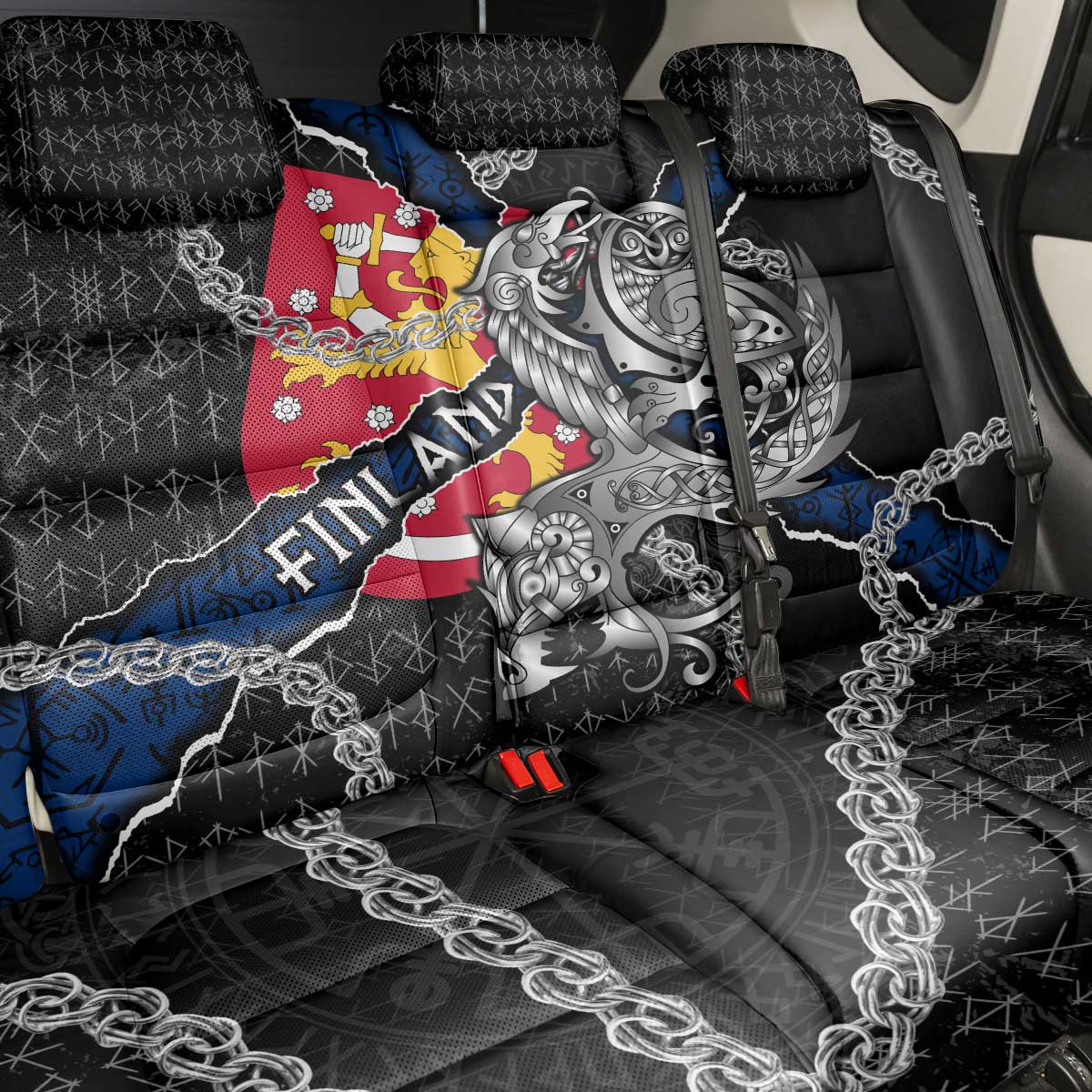 Finland Vikings Back Car Seat Cover Nordic Lion Bound in Runes and Chains