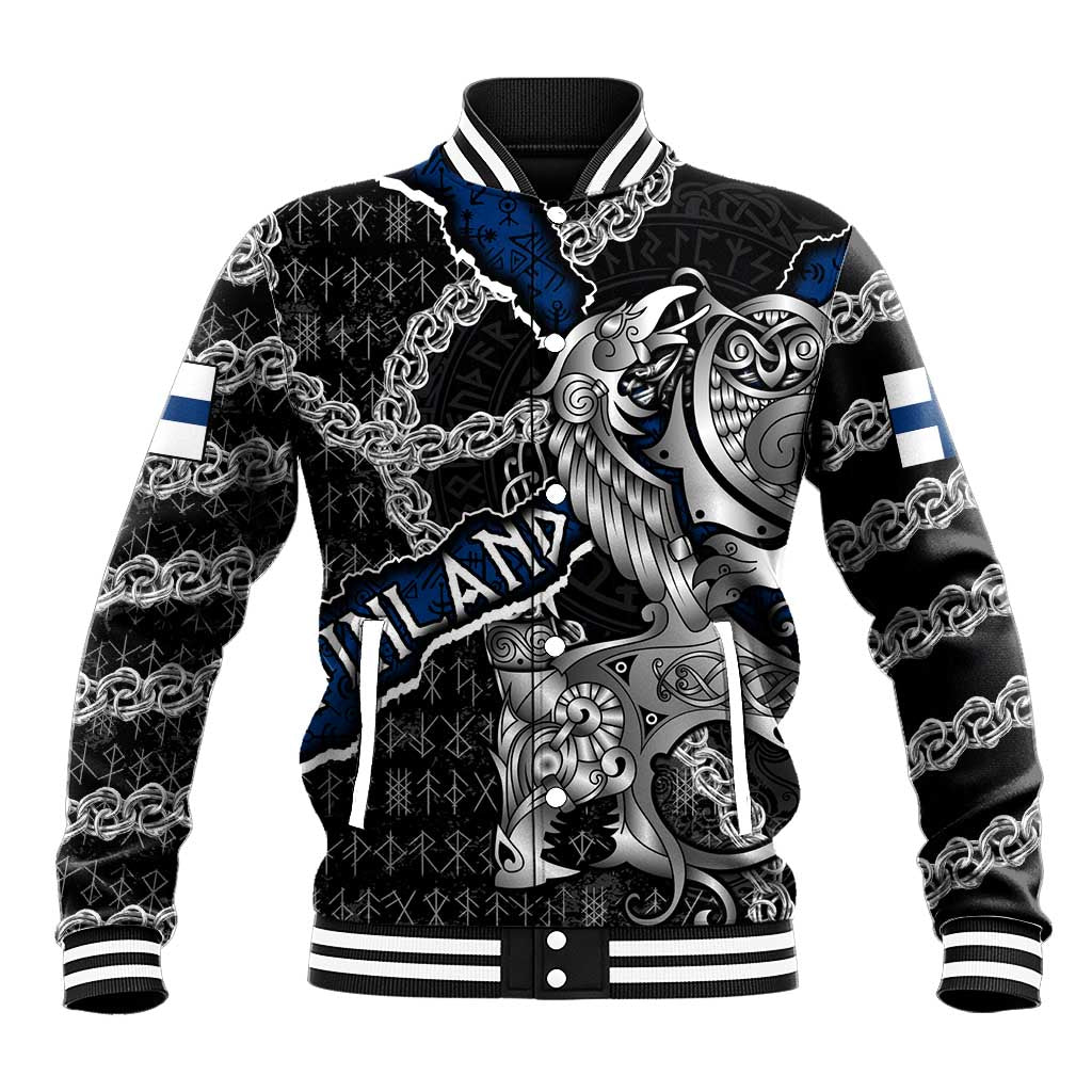 Personalized Finland Vikings Baseball Jacket Nordic Lion Bound in Runes and Chains