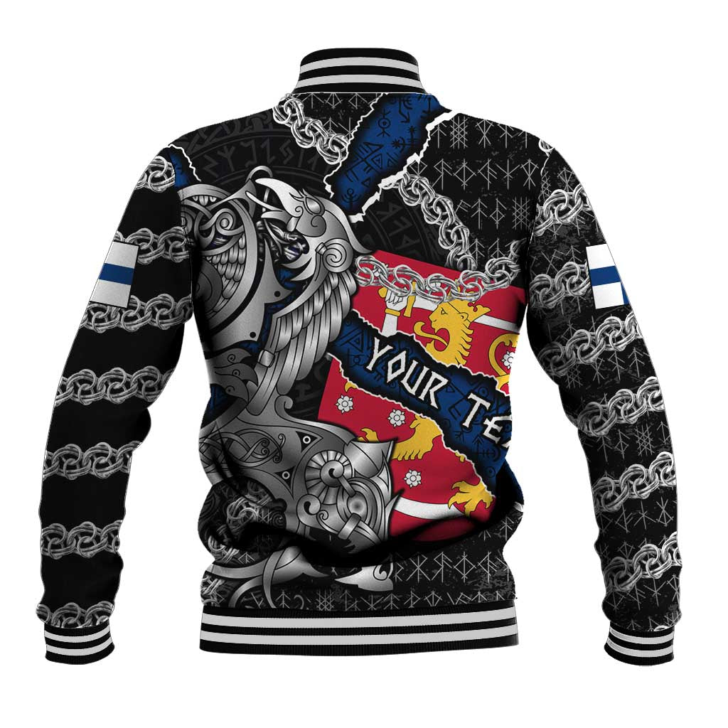 Personalized Finland Vikings Baseball Jacket Nordic Lion Bound in Runes and Chains