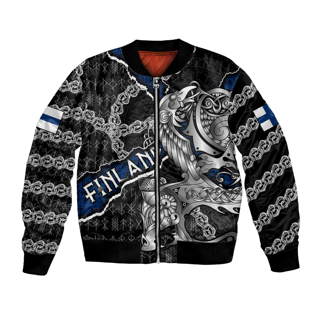 Personalized Finland Vikings Bomber Jacket Nordic Lion Bound in Runes and Chains